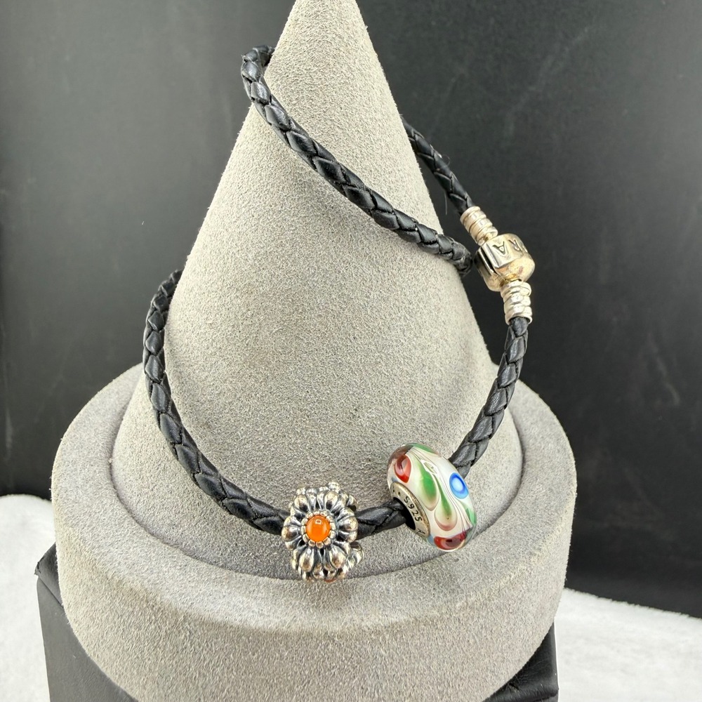 Pandora Bracelet Black Braided Leather Double Wrap Glass Floral‎ Women 13.5
